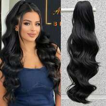 22 Inch Wavy Black Synthetic Hair Piece, Clip-On Ponytail Hair Extension For Women - Multicolor - View 15
