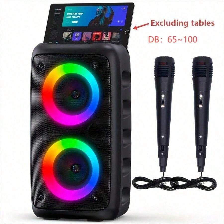 Karaoke Machine With - 2 Wired Microphone85dB, Adult Portable Speaker, PA System With LED Lights Singing Karaoke Speaker, Supports MicroSD Card/USB, AUX Input, TWS Suitable For Party Use
