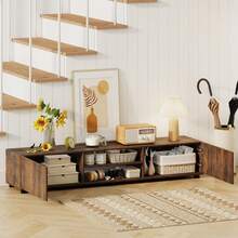 TV Stand For Up To 70 TVs 63 Minimalist Entertainment Center 2 Doors Open Shelves Media Console Table Storage Cabinet With 6 Support Feet Living Room Rustic Brown - 棕色 - 查看 4
