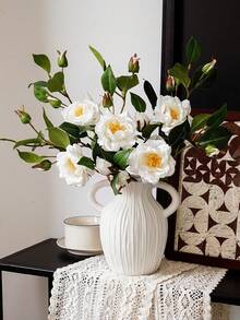 1PC Artificial White Snow Stream Camellia. Suitable For Home And Wedding Decoration, Floral Displays In Dining Rooms, Living Rooms, Bedrooms And Beside Beds. Also Great For Bridal Bouquets, Birthday Party Decor, Holiday And Valentine's Day Gifts. - White - View 2