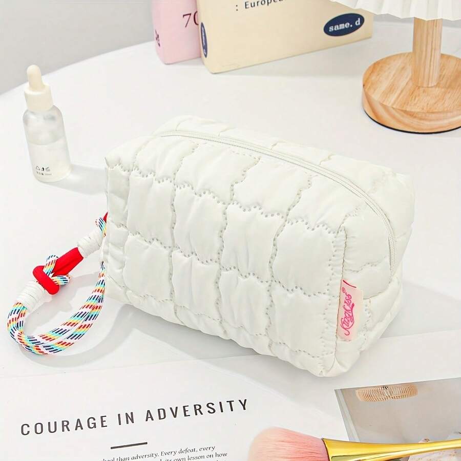 Neceser acolchado a cuadros tonos macaron, con asa tejida.Plegable, amplio espacio, resistente poliéster. - Albaricoque - Ver 1
