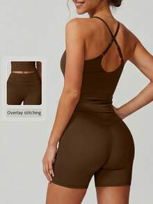 NcmRyu Women's One Set Solid Color U-Neck Padded Criss-Cross Back Sports Bra And Tight Shorts Activewear Set - Chocolate Brown - View 1