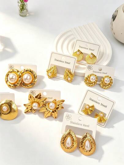 Juego de 4 u 8 pendientes de acero inoxidable con tono dorado en forma de lágrima; accesorios elegantes para mujer; joyería de banquete adecuada para fiestas formales y ocasiones especiales.