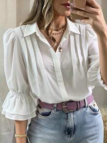 1pc Women's Fashion Versatile Commuter Button-Up Casual Loose Fit Lapel Ruffle Blouse 5-Sleeve Flared Sleeve Pleated Design Shirt, Everyday Spring/Summer - Apricot - View 1