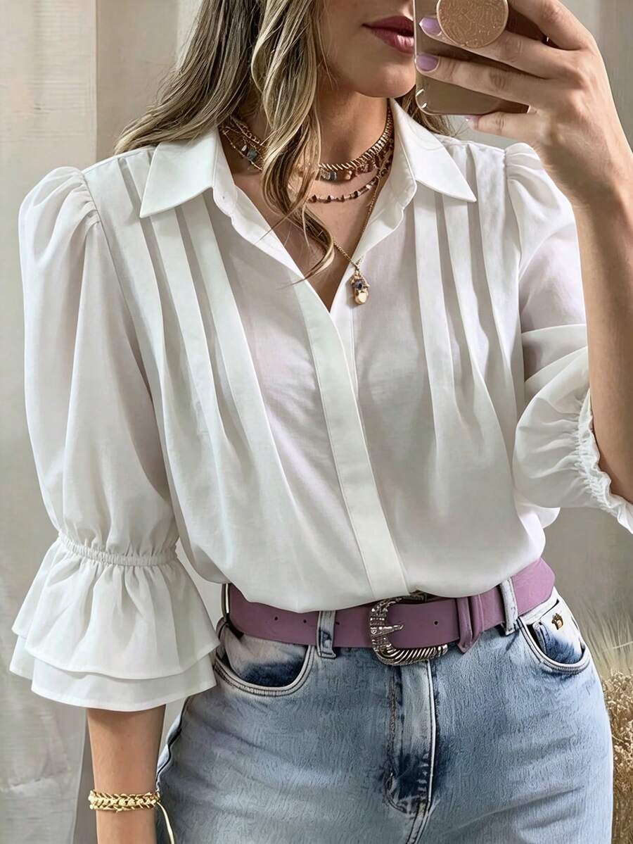 1pc Women's Fashion Versatile Commuter Button-Up Casual Loose Fit Lapel Ruffle Blouse 5-Sleeve Flared Sleeve Pleated Design Shirt, Everyday Spring/Summer - Apricot - View 1
