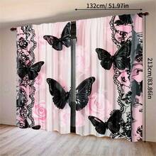 2 pièces Rideaux décoratifs élégants à motif floral rose et papillon noir en dentelle, impression numérique haute définition, matériau en polyester translucide, résistant à la décoloration. Convient pour les rideaux de maison, les rideaux de maison. Lavable à la main et à la machine, suspension par poche à tringle, convient pour la décoration de la chambre et du salon, rideaux de décoration intérieure. - Multicolore - Voir 9