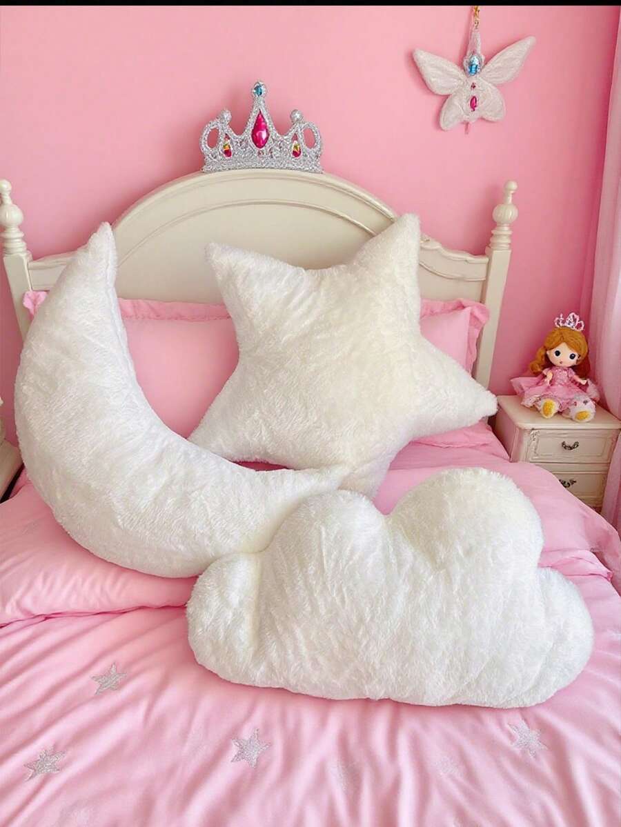1pc Moon Star Cloud Throw Pillow, Children's Pillow, Soft And Comfortable Filling, Can Be Used As Decorative Floor Mat, Lumbar Pillow, Home Decor - White - View 1
