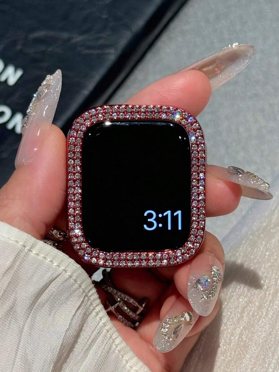 1個雙層閃亮水鑽保護殼，適用於Apple Watch 40/41/42/44/45/46/49mm系列，包括Ultra/SE/11/10/9/8/7/6/5/4，智慧手錶配件，紅色