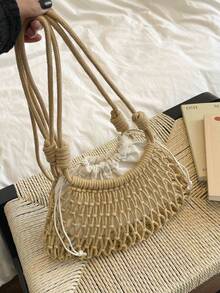 New Minimalist Woven Handmade Women's Beach Bag - Khaki - View 6
