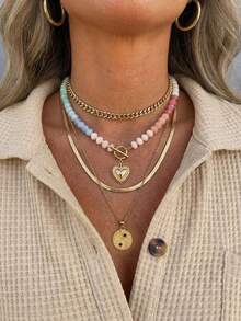 Gemstone Snake Chain Necklace Set - Multi-Layer Metal Layered Jewelry Designed For Women - Multicolor - View 1