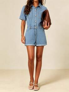 Jumpsuit Denim Lengan Pendek Kerah Lipat Multi-Saku Gaya Kampus Kasual Mode Baru - Light Wash - View 3