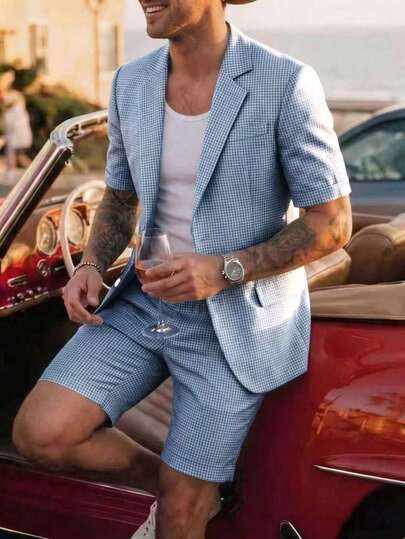 Men's Lightweight Suit Set, Short Sleeve Blazer And Shorts Casual Outfit, Suitable For Daily Wear, Casual Commuting, Summer