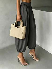 Women's New Spring/Autumn Casual Commute Comfortable Solid Color Woven Fabric Pants For Home And Daily Wear - Grey - View 3