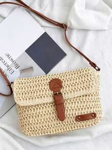 Vintage Fashion Woven Crossbody Bag Large Capacity Beach Bag Beach Vacation Straw Shoulder Bag Summer Holiday Woven Bag Crossbody Messenger Bag - 小號米白色 - 查看 10
