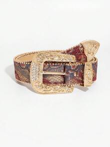 1pc Men's Western Style Matte Carved Belt, Summer Versatile Jeans Accessory, Rock Western Style Belt With Fancy Gold Buckle, Floral Jacquard Strap With Rhinestone Rivets - Multicolor - View 3