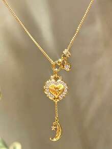 1pc Medieval Love Running Ring & Moon Necklace, Luxury Sparkling Diamond Necklace - Heart Running Ring Crescent Necklace - View 1