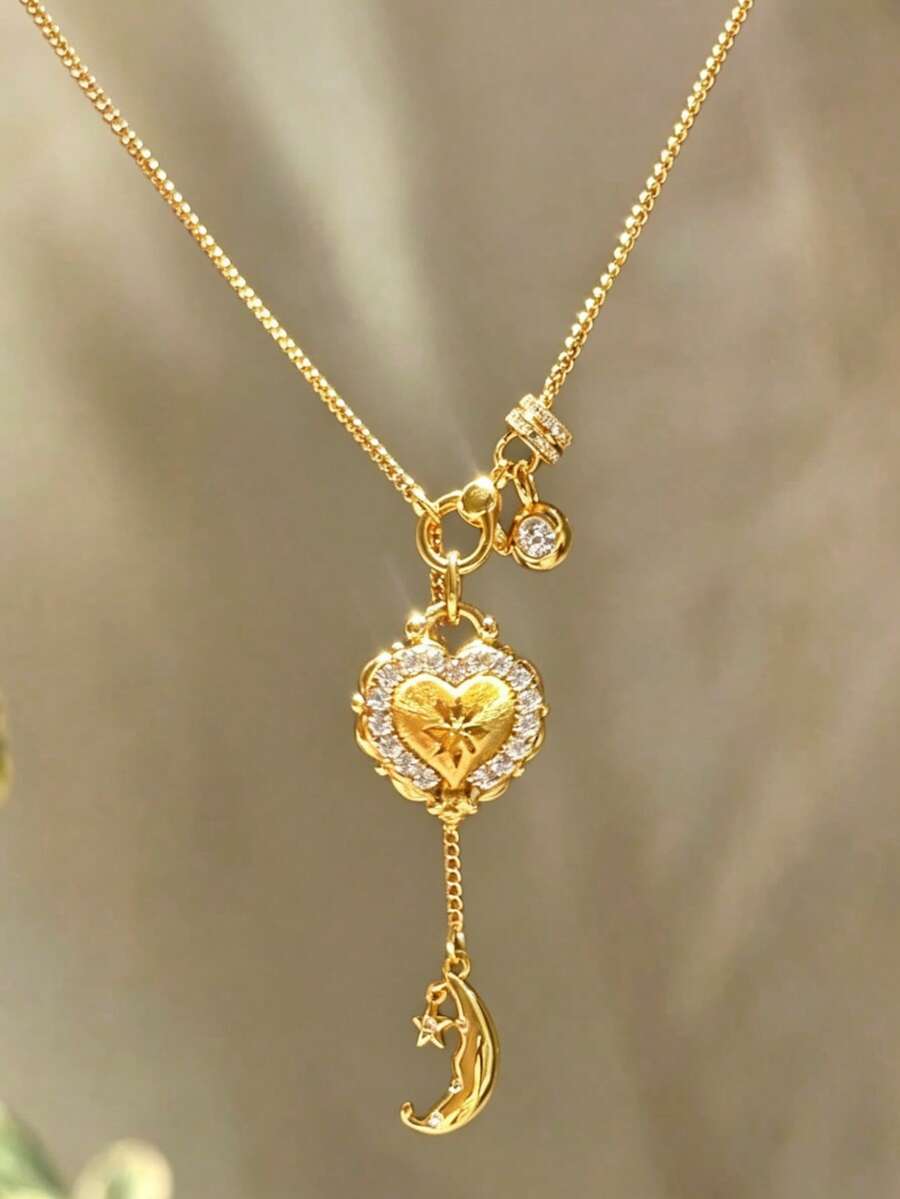 1pc Medieval Love Running Ring & Moon Necklace, Luxury Sparkling Diamond Necklace - Heart Running Ring Crescent Necklace - View 1
