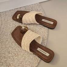 Fashion Thick-Sole Square Toe Woven Slide Sandals For Women, French Style Vacation Chic Platform Wedge Slippers - Beige Buckle - View 3