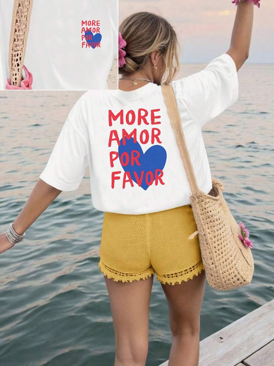 Camiseta feminina de manga curta, 100% estampada, tamanho 38. - Branco - Ver 1
