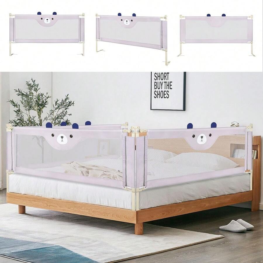 Baby Gate Fence, With Bear Pattern Baby Bed Fence Park, Breathable Mesh And Height Adjustable, Child Protection 175x100x26 Cm/200x100x26 Cm - Grey - View 1