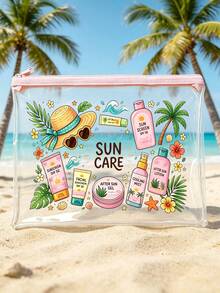 「Sun Protection」印花 PVC 化妝包，拉鍊式 PVC 旅行收納袋，輕量耐褪色化妝盥洗包，符合 TSA 標準且易攜帶，易擦拭清潔，適合送給老師或朋友的禮物，也是學校假期旅行必備的防水盥洗包 - 彩色 - 查看 7