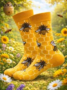 1 Pair Unisex Bee & Honeycomb Jacquard Mid-Calf Socks, Sweat-Absorbing, Odor-Resistant, Anti-Slip, Durable, Warm Yellow Solid Color Artistic Casual Mid-Calf Socks, Suitable For Daily Commute, Travel Outfits, Artistic Gift Giving - Multicolor - View 2