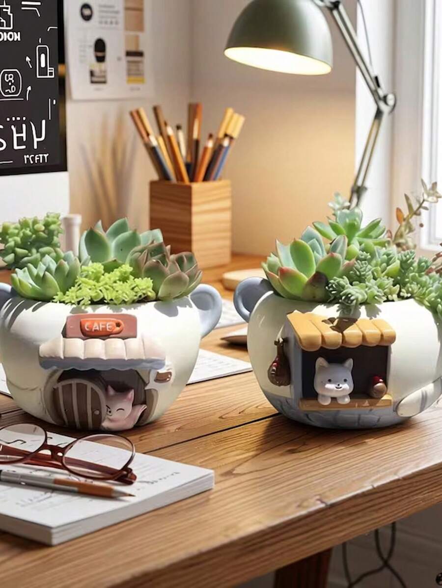 1個多肉仙人掌盆栽,可愛小狐狸裝飾桌面花盆,小型家居裝飾花瓶,辦公室盆栽手工藝禮品花盆 - A - 查看 1