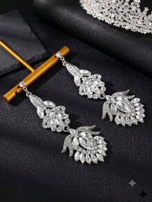 1 par de pendientes de novia largos con colgante exagerado de lujo totalmente de strass, joyería de oreja versátil de strass para fiesta de noche y vestido de boda - Multicolor - Ver 9
