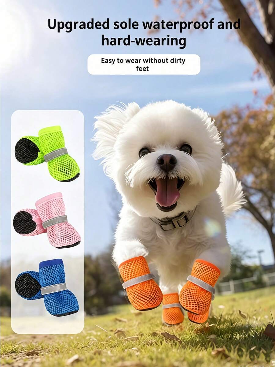 4pcs/Set Breathable Dog Mesh Shoes, Reflective Wear-Resistant Dog Mesh Shoes, Non-Slip Hollow Dog Shoes, Spring Style - Multicolor - View 1