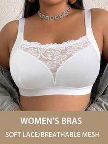 Plus Size Women's Lace Patchwork Wireless Bra, Comfortable Leisure Sports Bra With Breathable Back Design - White - View 1
