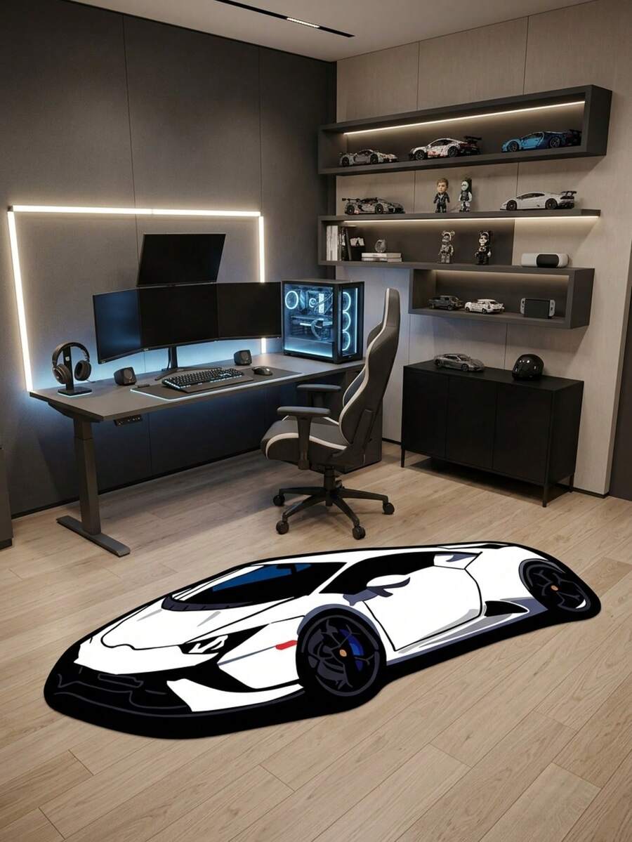 1pc Fashionable Modern Fun Cartoon INS Style White Sports Car Shaped Decorative Rug, Suitable For Bathroom, Kitchen, Entrance, Hallway, Bedside, Living Room, Bedroom, All Season Machine Washable Soft Floor Mat, Aesthetic Home Decor - Multicolor - View 1