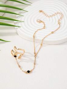 Women's Finger Chain Bracelet Creative Chain Round Bead Personalized Hand Jewelry Design Minimalist Ring Fashion Accessory - Gold - View 3