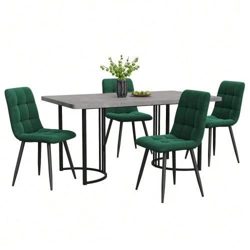 طقم طعام (5 قطع)، طاولة و4 كراسي، طقم مطبخ حديث، طاولة مطبخ 140*80 سم بأرجل معدنية سوداء، سطح من خشب MDF رمادي، كراسي طعام مخملية خضراء داكنة - رمادي - مشاهدة 1