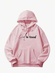 新款女式秋冬連帽衛衣，印有「God Is Good」標語，柔軟舒適，抓絨內裡，休閒粉色上衣 - 粉色 - 查看 5