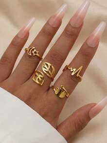 4pcs Stainless Steel Personalized Line Leaf Star Moon Ring Set, Suitable For Casual Party Wear - Gold - View 1