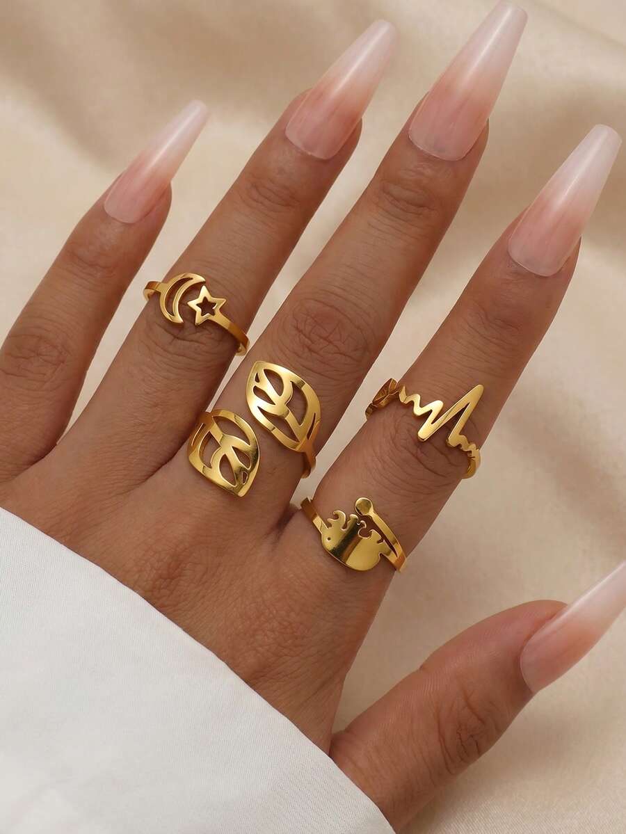 4pcs Stainless Steel Personalized Line Leaf Star Moon Ring Set, Suitable For Casual Party Wear - Gold - View 1