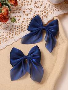 12/2pcs Children's Chiffon Bow Hair Clips, Solid Color, Minimalist & Fashionable - Navy Blue - View 6