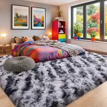 WISH TREE 8x10 Area Rugs For Living Room, Fluffy Shaggy Rug Soft Carpets, Big Rugs For Bedroom Home Decor Aesthetic Tie-Dyed Stipe Black Grey - Tie-dyed Stipe Black Grey - 查看 3