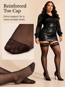 1 Pair Women's Lace Trim Ultra Thin Thigh High Stockings, High Stretch Over The Knee Socks For Daily Wear & Nightclub - Black - View 6