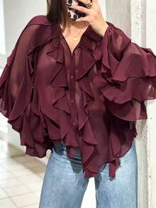 Blusa romántica de gasa con volantes en color vino tinto, camisa transparente con cuello en V y abotonadura, con puños con volantes en capas, informal y formal, ligera - Burdeos - Ver 6