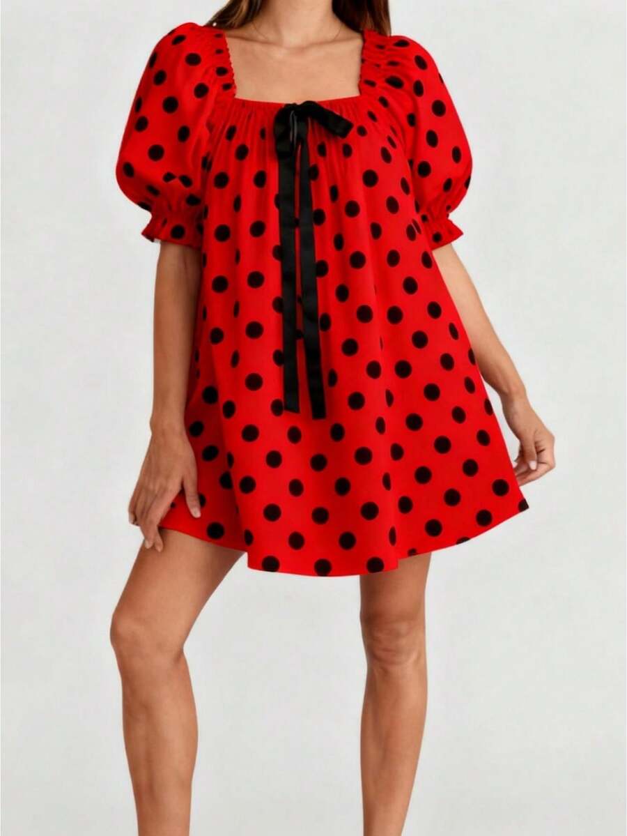 Women Puff Sleeve Nightdress White Black Dotted Print Geometric Neck Sleepwear With Long Ribbon Bow Short Sleeve Pajama Dress - 紅色 - 查看 1