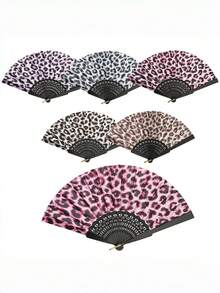 1pc Vintage Leopard Print Folding Hand Fan, Fabric Retro Style Decorative Fan With Black Tassel, Suitable For Women Girls Summer Gothic Y2K Rave Party Music Festival Dance Prop Cosplay Vacation Beach Daily Outfit Accessory - Multicolor - View 3