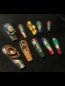 1個中式佛頭、祈禱珠、財神、蓮花與牡丹、法器3D浮雕美甲大尺寸矽膠美甲模具 - 無色 - 查看 5