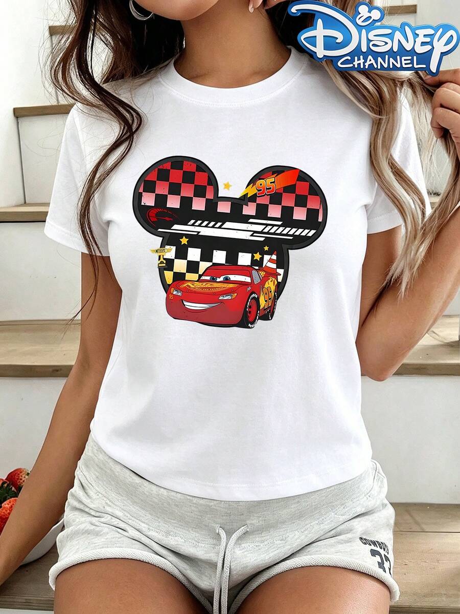 Disney Cars Lightning McQueen Mickey Ears Print Crew Neck Tee, Theme Park Casual Graphic Top - 白色 - 查看 1