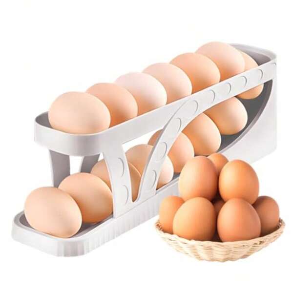 Dispensador de huevos automático con bandeja rodante, organizador de 2 niveles, capacidad para 15 huevos simultáneamente, rodillo de huevos ahorrador de espacio para refrigerador, funciona en el refrigerador, la cocina, los gabinetes, la mesa del comedor