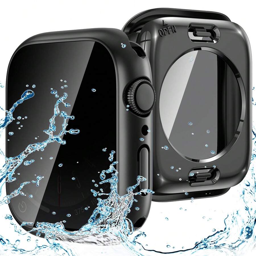 2合1防水隱私保護殼,適用於Apple Watch 40/41/42/44/45/46/49mm,強化玻璃螢幕保護貼,適用於iiwatch Ultra/SE/11/10/9/8/7/6/5 - 黑色 - 查看 1