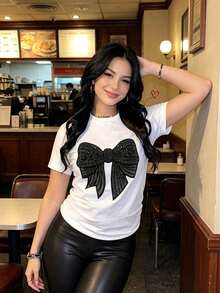 White Basic Coquette Tee, Black Bow Sparkly Graphic Loose Short Sleeve Daily Casual Top Coquette Aesthetic,Bow,Sparkly, - White - View 1