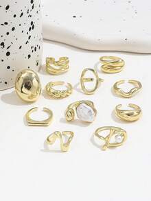 11pcs French Baroque Faux Pearl Layered Rings, Gold Lava Line Geometric Ring Set For Women - Gold - View 3
