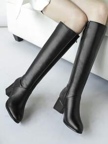 Sepatu Bot Wanita Nyaman dengan Hak Tebal Setinggi Lutut, Sepatu Bot Kulit Kasual Setengah Betis dengan Resleting Samping, Sepatu Bot Setinggi Lutut Warna Polos untuk Beraktivitas, Musim Gugur/Musim Dingin, Dapat Dipakai dengan Korset - Hitam - View 2