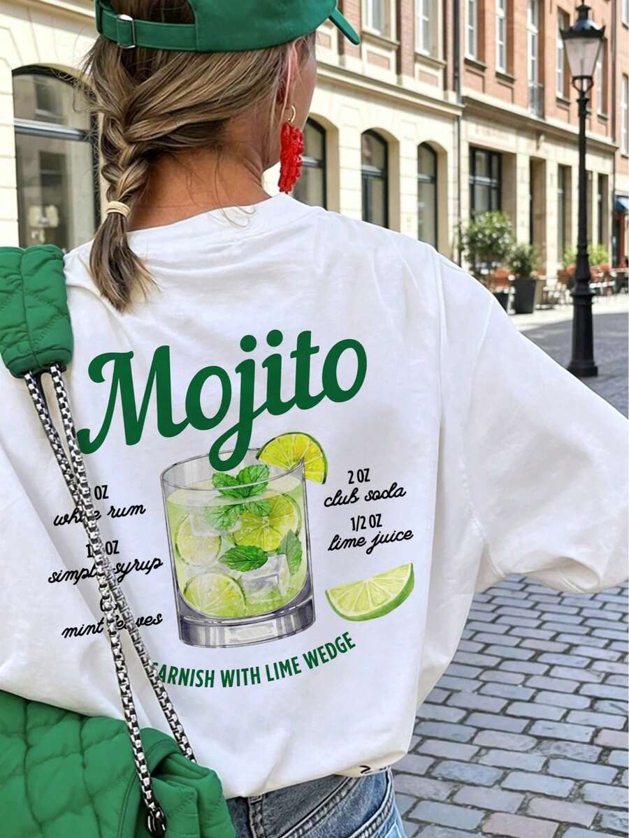 女款夏季 Mojito 萊姆調酒背印寬鬆 T 恤,休閒短袖圓領上衣,復古度假酒吧風,週末出遊白色 - 白色 - 查看 1